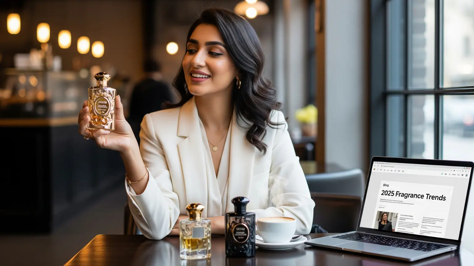 iScents blog — Best Perfumes for Women in Pakistan 2025 featuring woman with white blazer and coffee cup