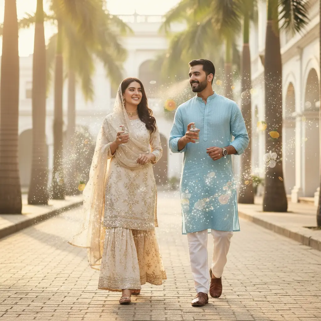 A confident Pakistani couple enjoying their day, empowered by long-lasting perfume.