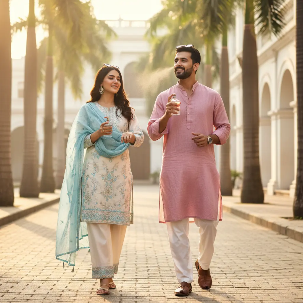 A stylish couple in Pakistan applying perfume before heading out on a warm, sunny day.