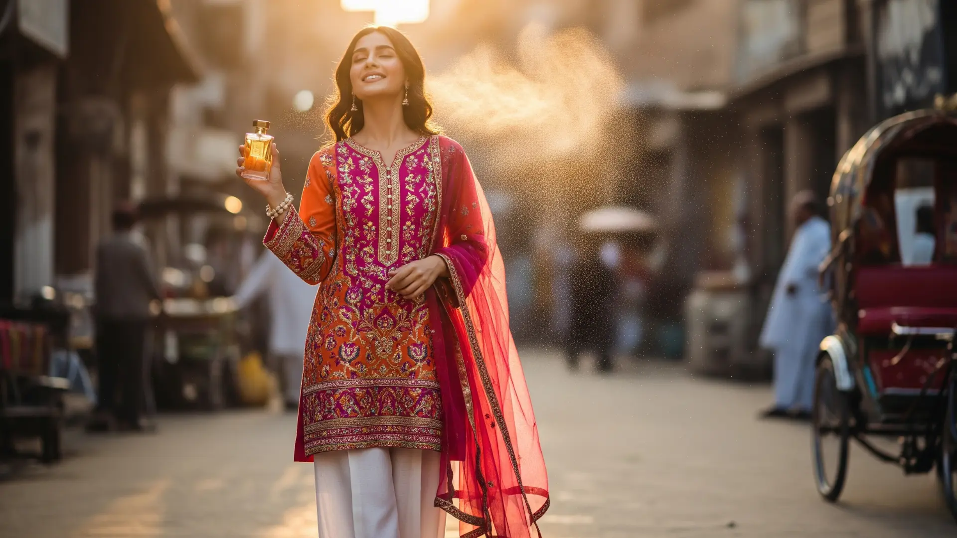 iScents blog — How to Make Perfume Last Longer in Pakistan's Heat featuring woman in traditional pink attire applying perfume