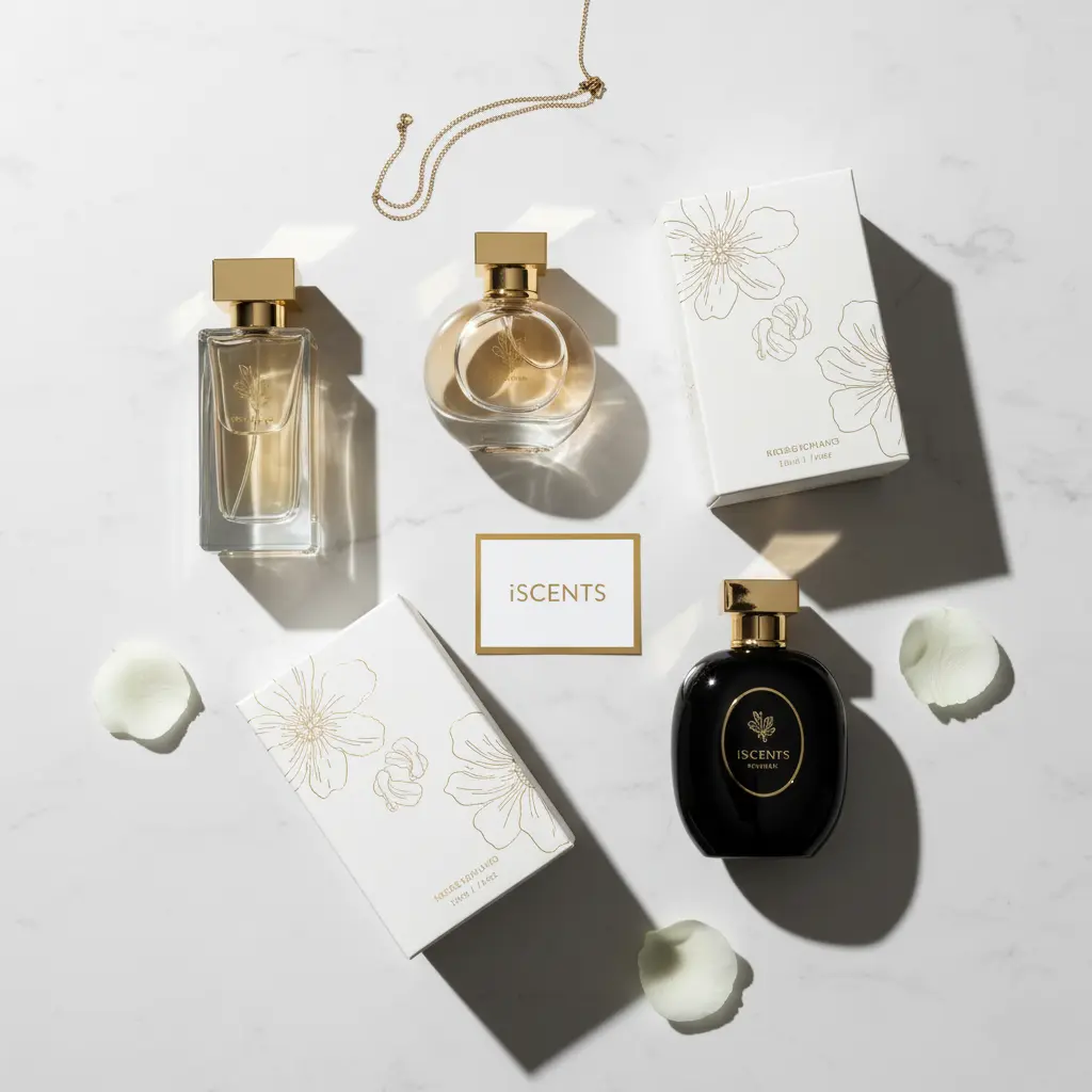 Minimal flat-lay of luxury-inspired perfume bottles and packaging in elegant design representing iScents Pakistan brand