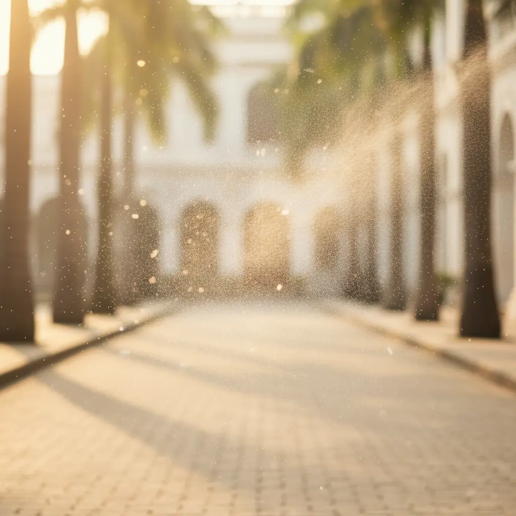 Artistic macro shot of perfume mist evaporating quickly in hot air, symbolizing scent loss in summer.