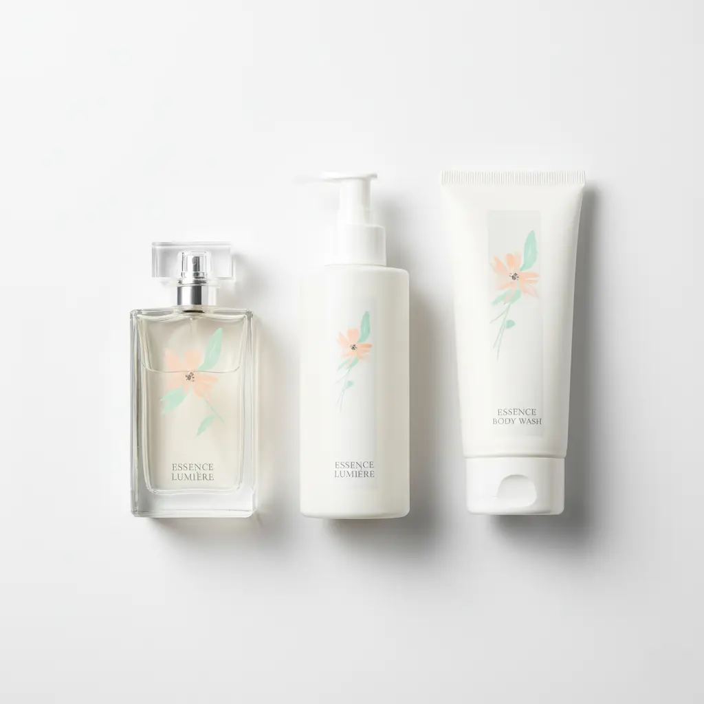 A flat lay of matching perfume, body lotion, and wash for fragrance layering.