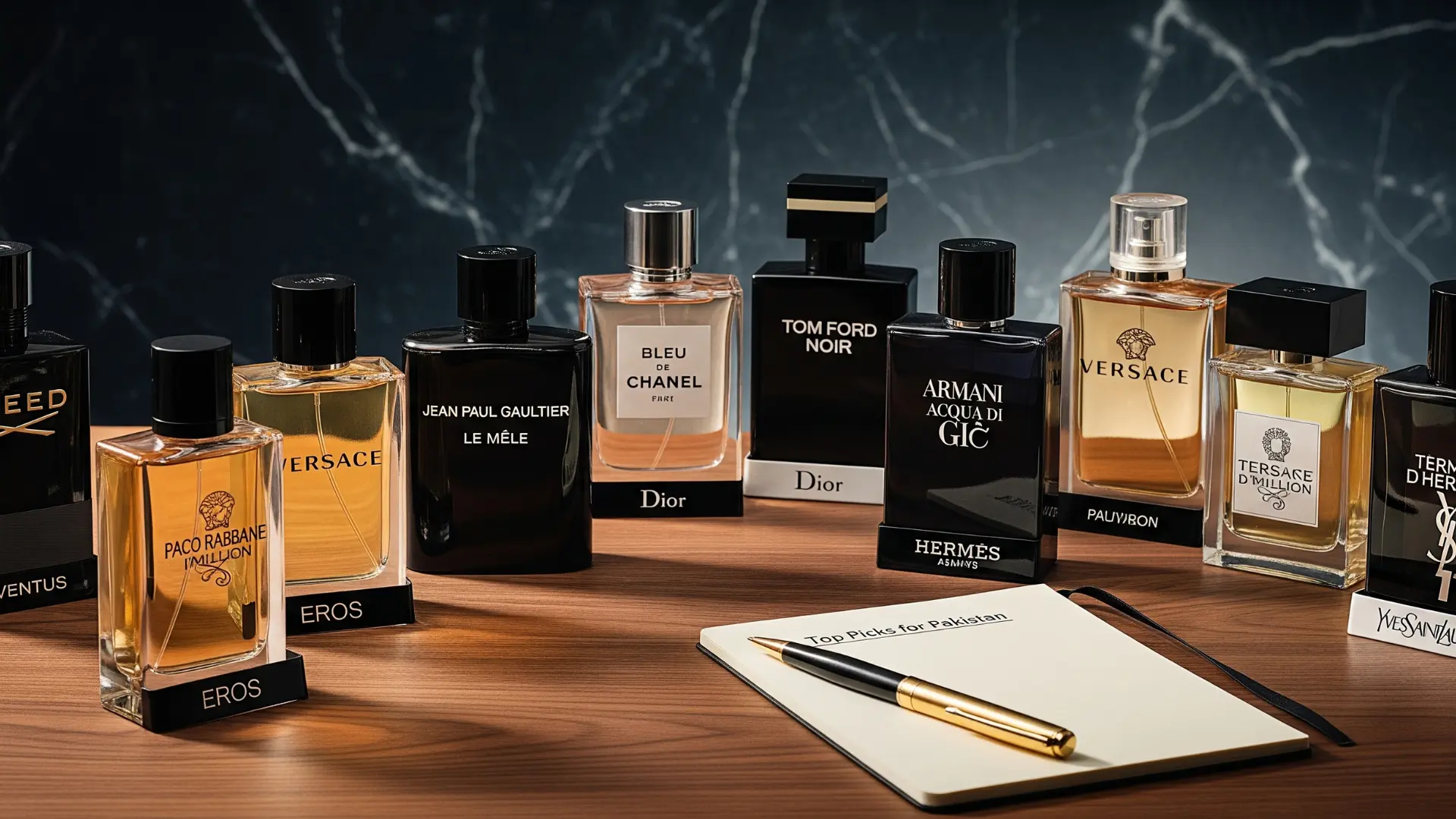iScents blog — Top 10 Best Perfumes for Men in Pakistan 2026 featuring designer fragrance bottles on marble background