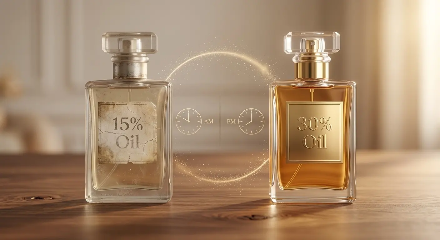 Two perfume bottles comparing 15% and 30% oil concentration — faded bottle with 10 AM clock vs vibrant bottle with 8 PM clock showing longevity difference
