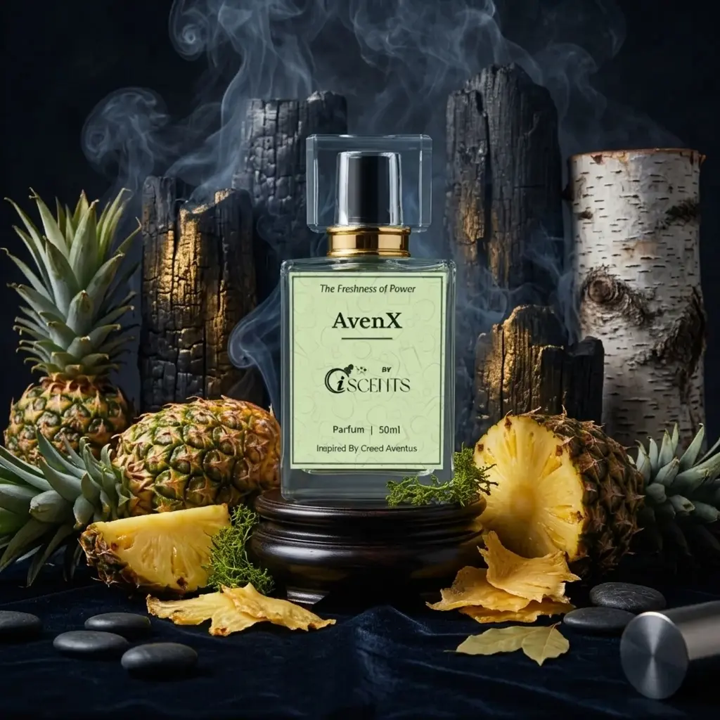 AvenX Creed Aventus inspired perfume bottle with pineapple and smoky wood background