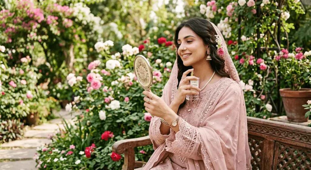 Elegant Pakistani woman applying perfume in natural light with floral background