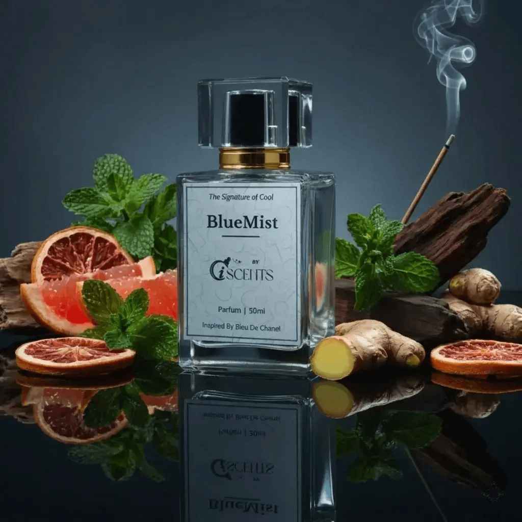 BlueMist Bleu de Chanel inspired perfume bottle with grapefruit and woody notes