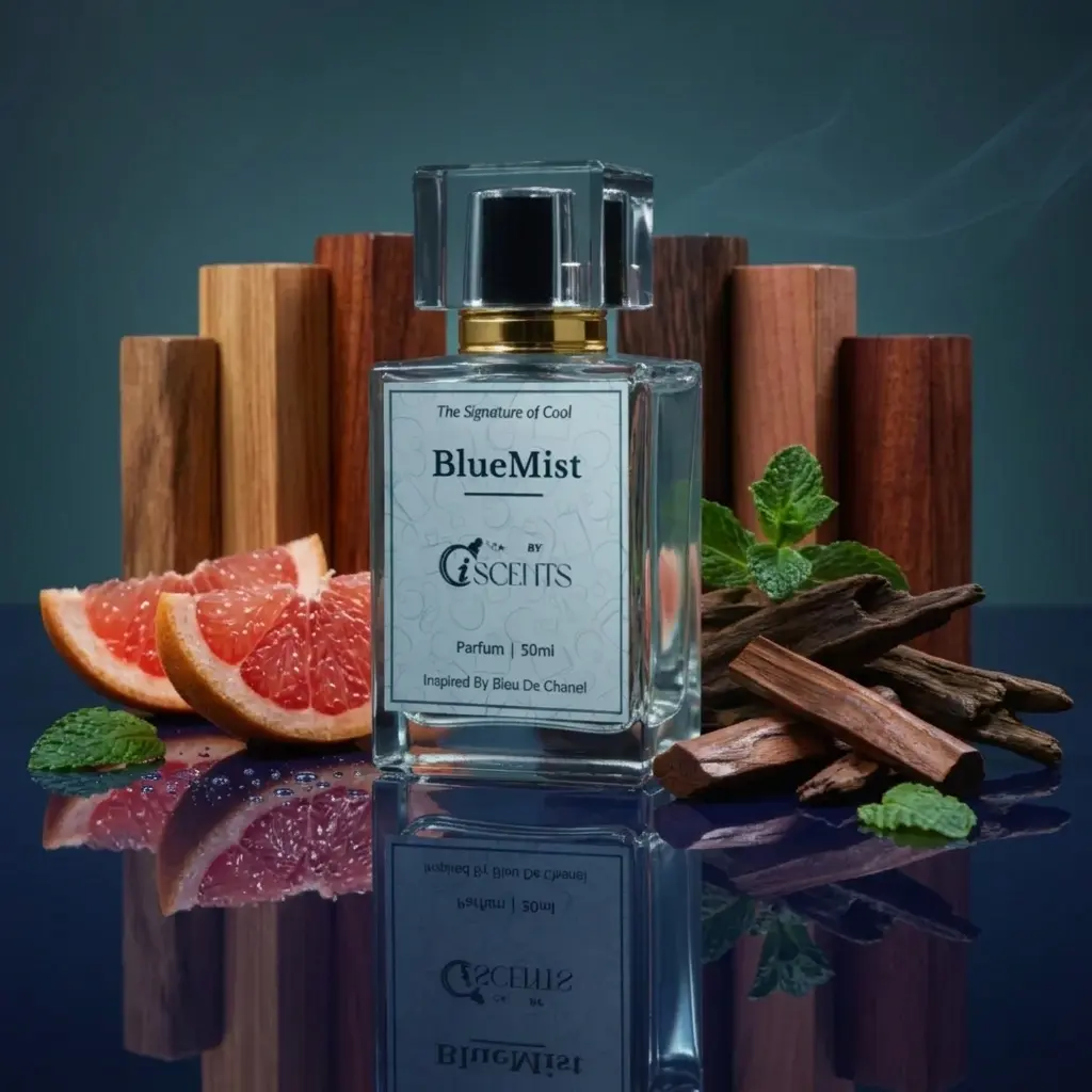 BlueMist Bleu de Chanel inspired perfume bottle with grapefruit and woody notes