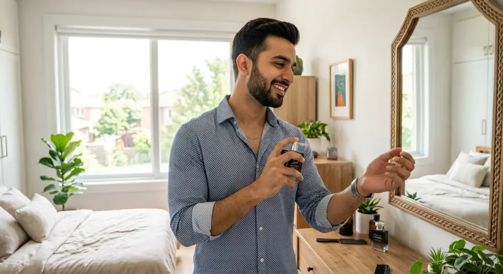 Confident Pakistani man in casual shirt applying perfume in bright room with natural light