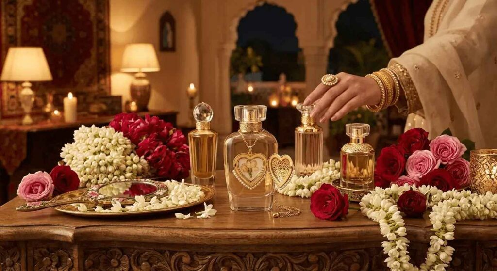 iScents Feminine Elegance — evening setting with locket and flowers representing women's perfume collection Pakistan