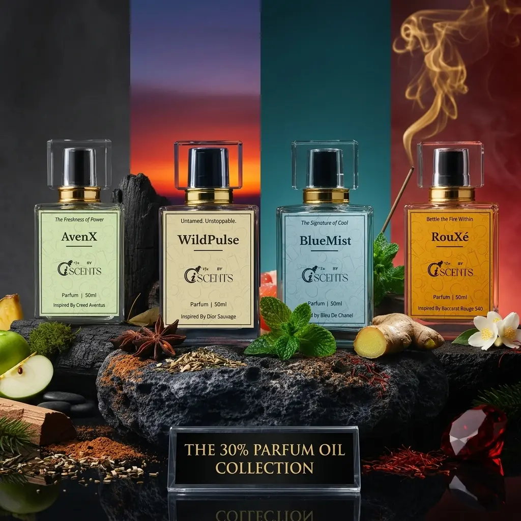 Four iScents.pk perfume bottles — AvenX, WildPulse, BlueMist, RouXé — arranged on dark surface with 30% Parfum Oil label visible