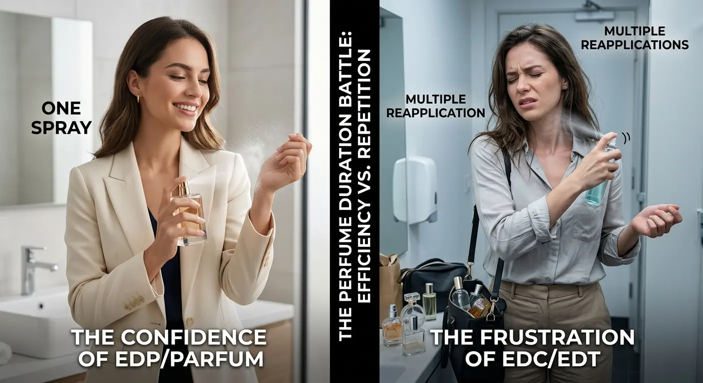 Split image — left side showing a lady spraying perfume once confidently, right side showing a frustrated person reapplying perfume multiple times throughout the day