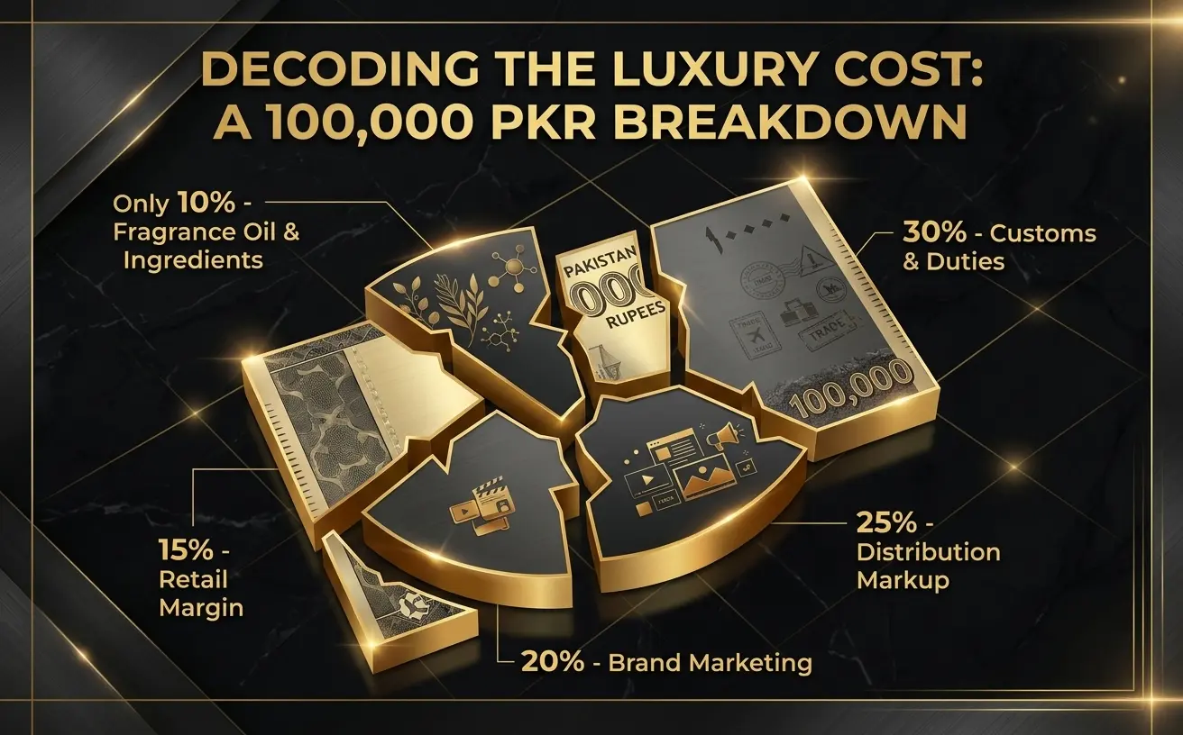 Infographic breaking down import customs duty and luxury perfume costs in Pakistan
