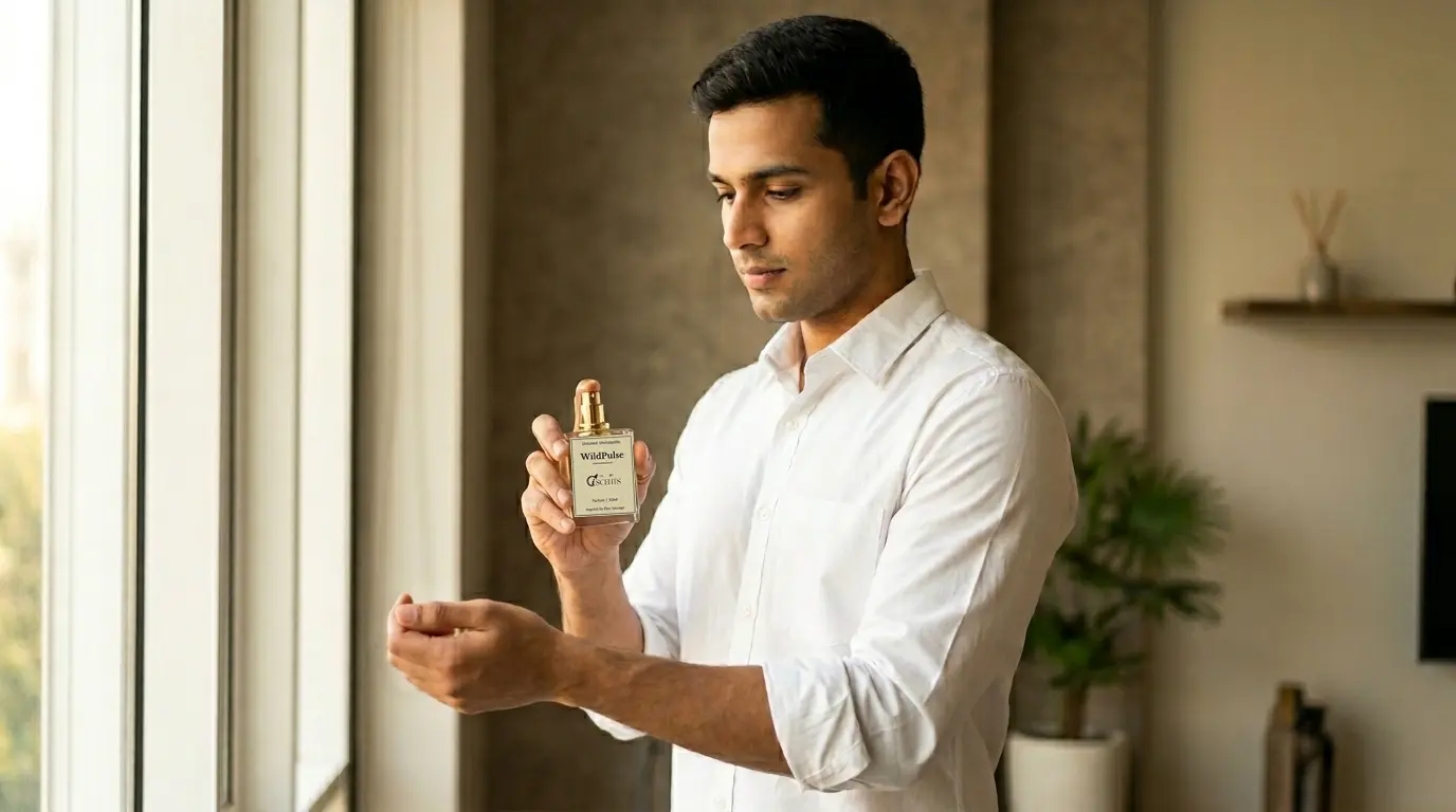 Pakistani man in white shirt applying WildPulse perfume before work in natural morning light