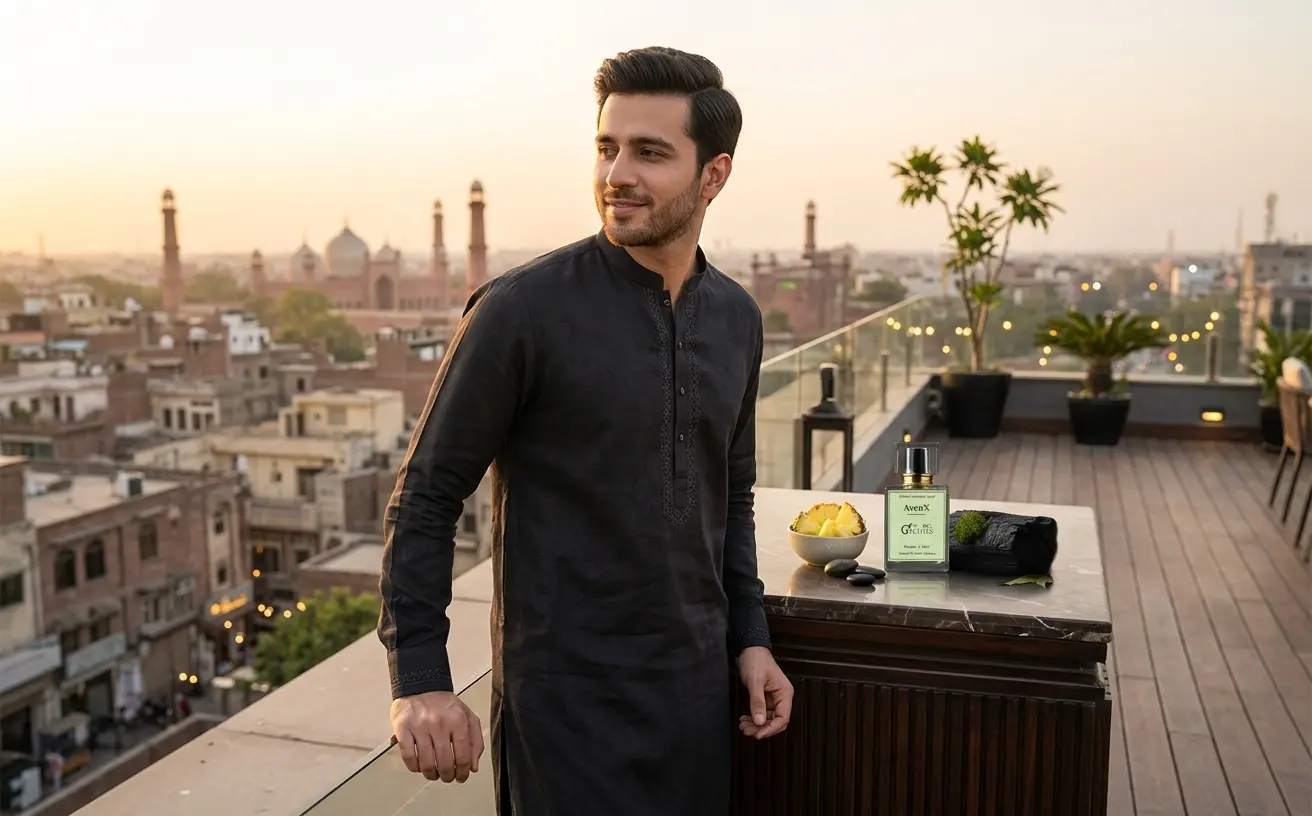 Pakistani man wearing a premium long lasting alternative to Creed Aventus perfume