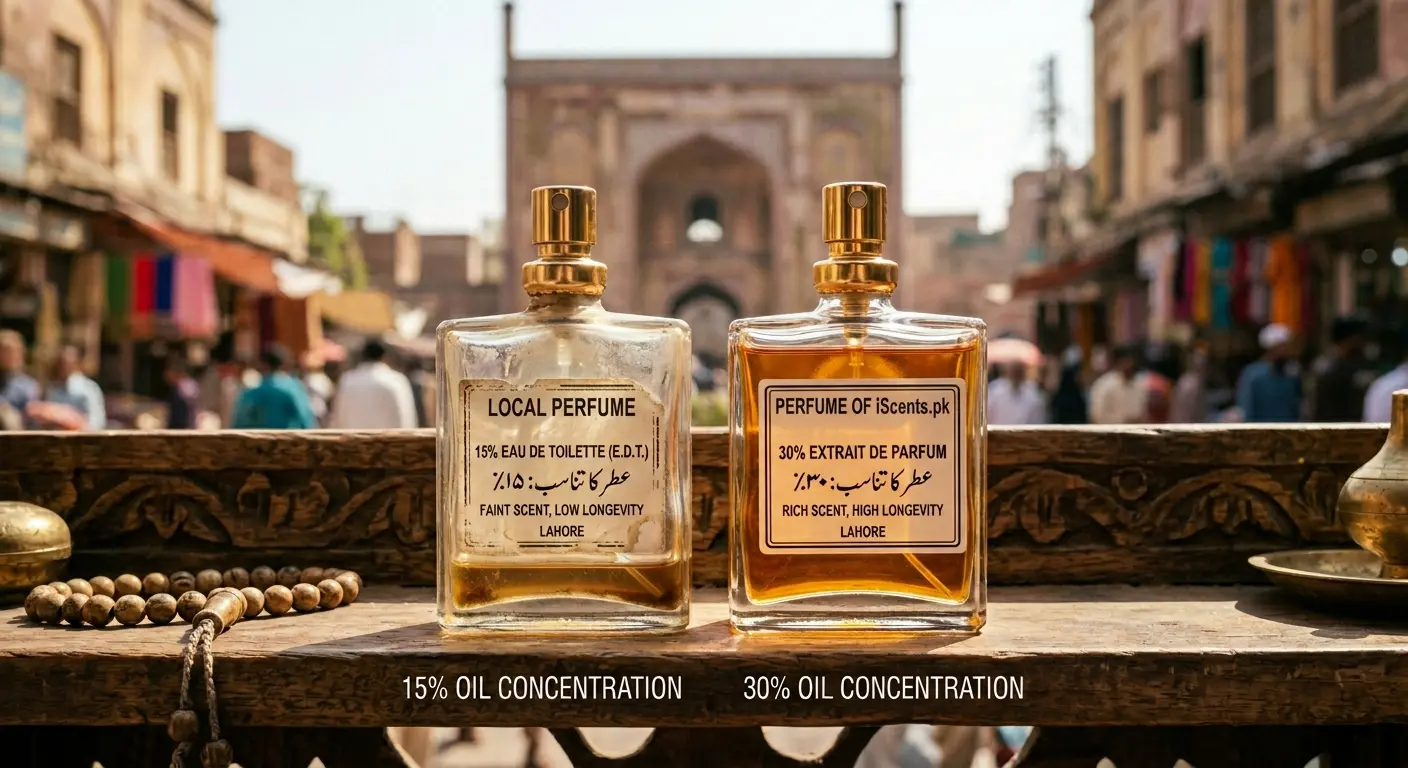 Two perfume bottles side by side — one labeled 15% oil faded, one labeled 30% oil vibrant — showing longevity difference in Pakistani climate