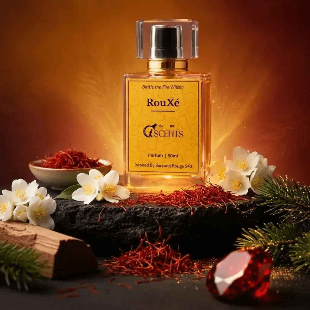 RouXé Baccarat Rouge 540 inspired perfume bottle with saffron and warm amber lighting