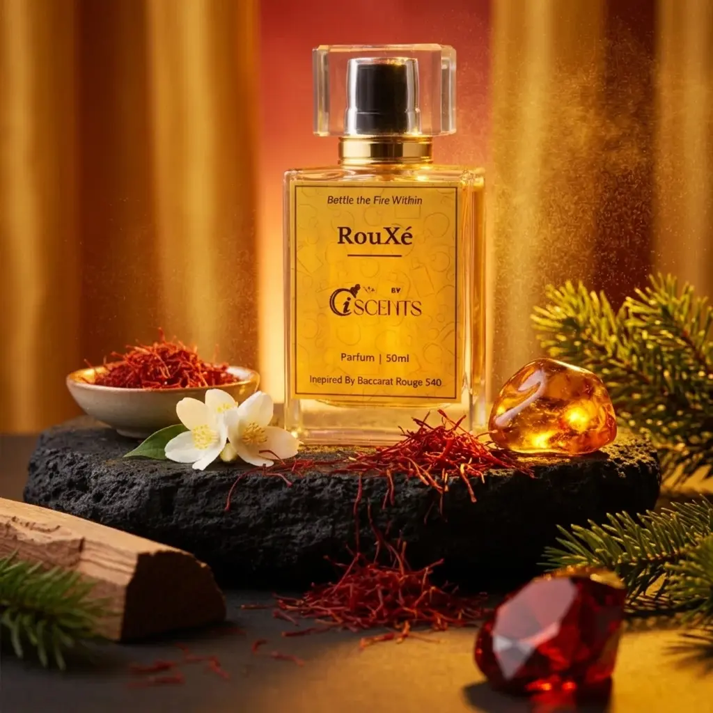RouXé Baccarat Rouge 540 inspired perfume bottle with saffron and warm amber lighting