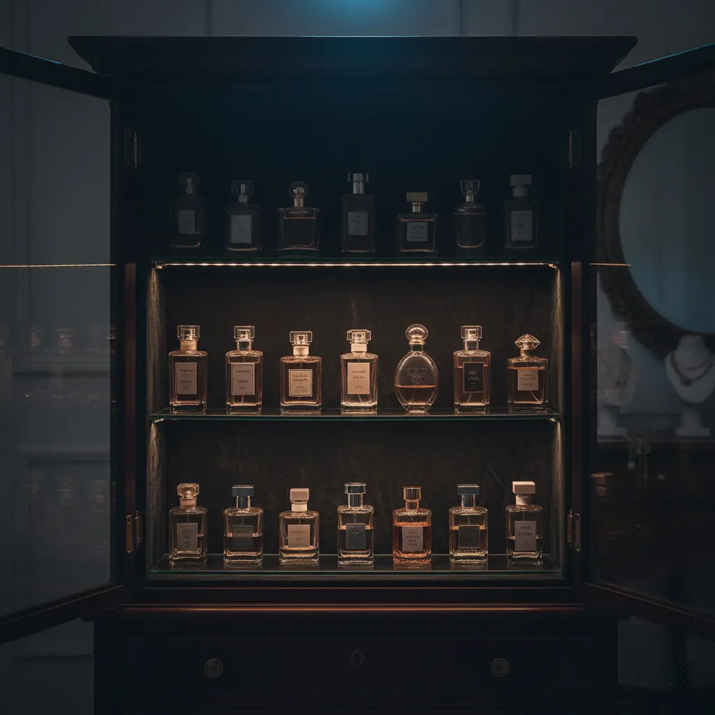 Perfume bottles stored properly in a cool, dark cabinet to preserve their potency.