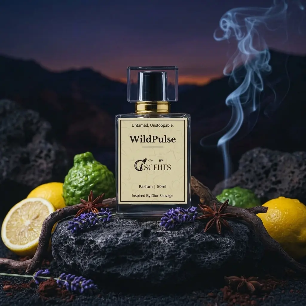 WildPulse Dior Sauvage inspired perfume bottle on rocks with fresh citrus and lavender
