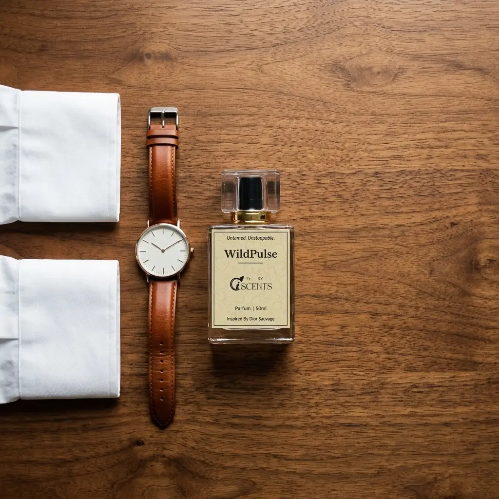WildPulse 50ml perfume bottle on wooden dresser with watch and white shirt flatlay lifestyle