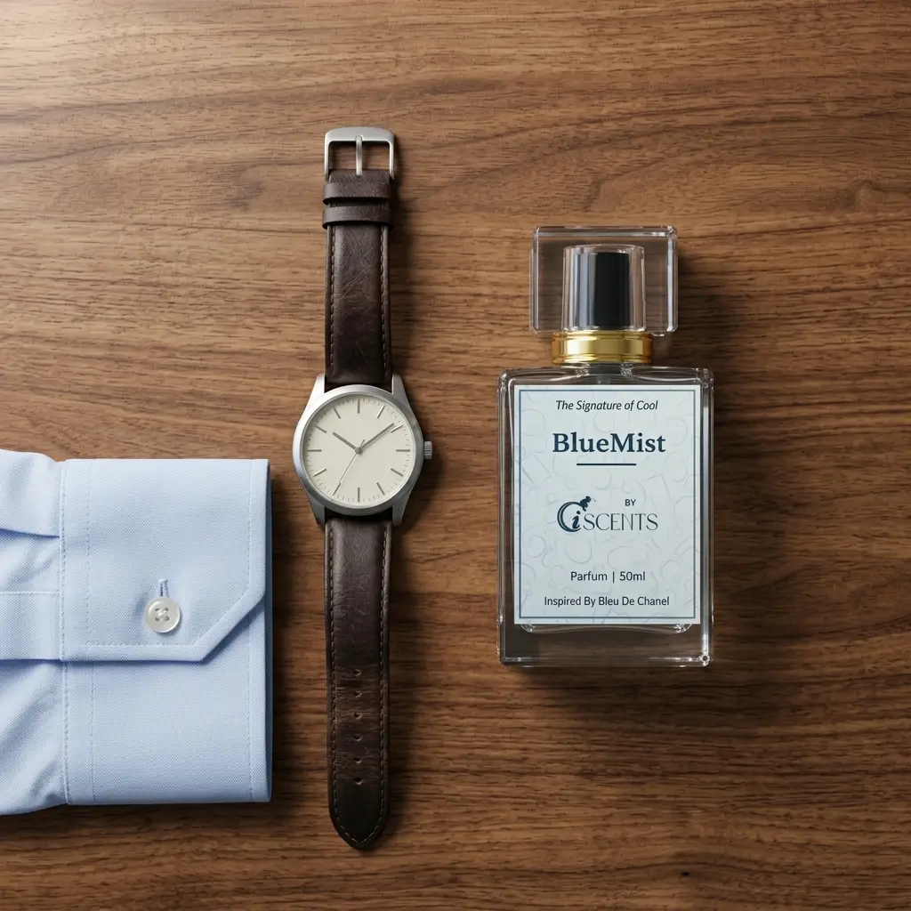 BlueMist 50ml perfume bottle on wooden dresser with watch and formal shirt flatlay