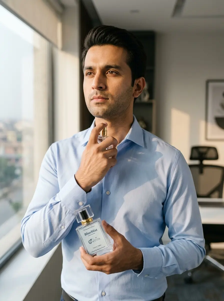 Pakistani man in formal shirt applying BlueMist perfume before office in natural light