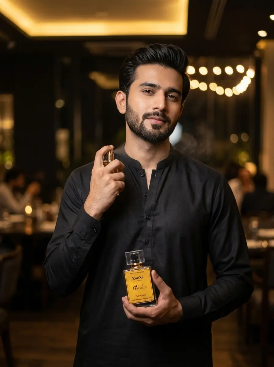 Pakistani man wearing RouXé perfume at evening event warm saffron amber fragrance
