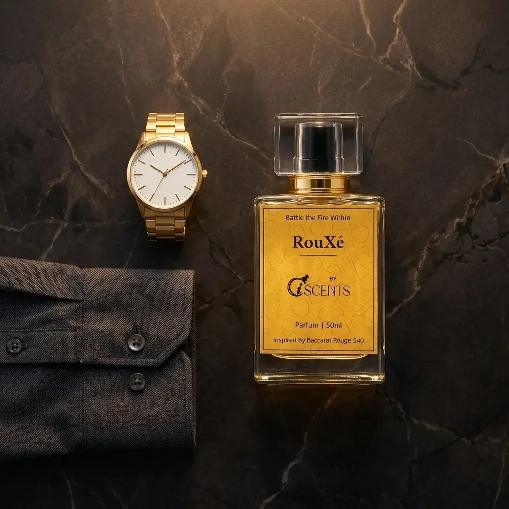 RouXé 50ml perfume bottle on dark surface with gold watch and formal shirt flatlay