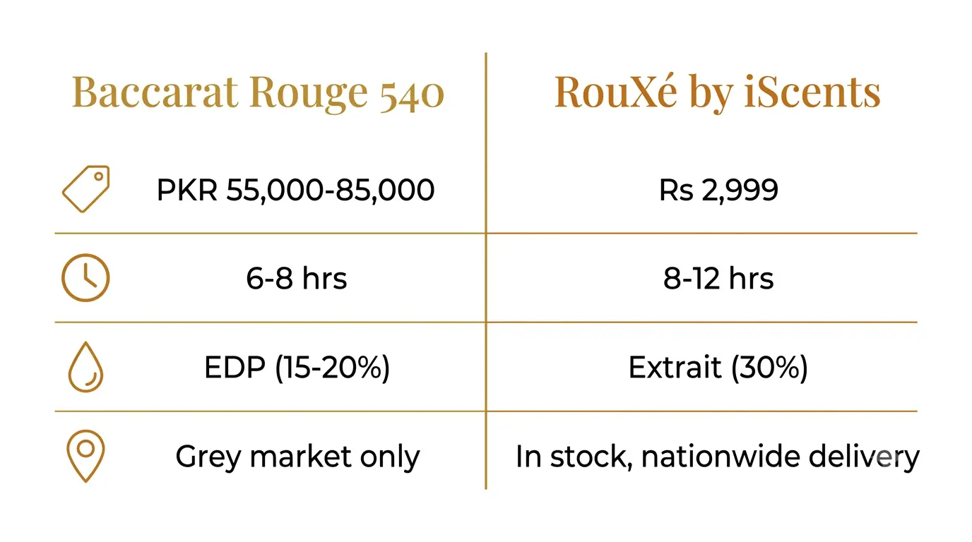 RouXé and Baccarat Rouge 540 feature comparison for Pakistani buyers covering price longevity and concentration